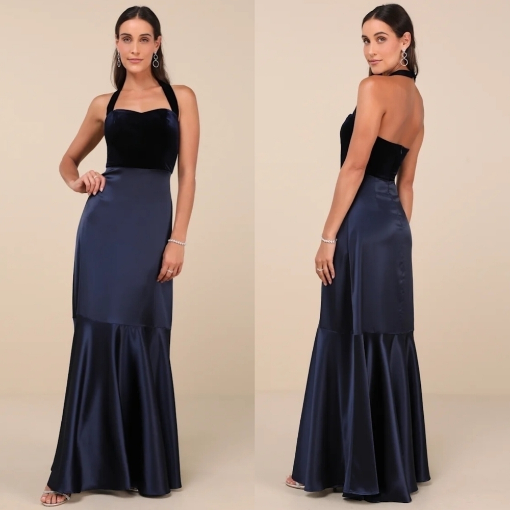 Lulus Mesmerizing Impression Navy Blue Mixed Media Halter Maxi Dress Wedding